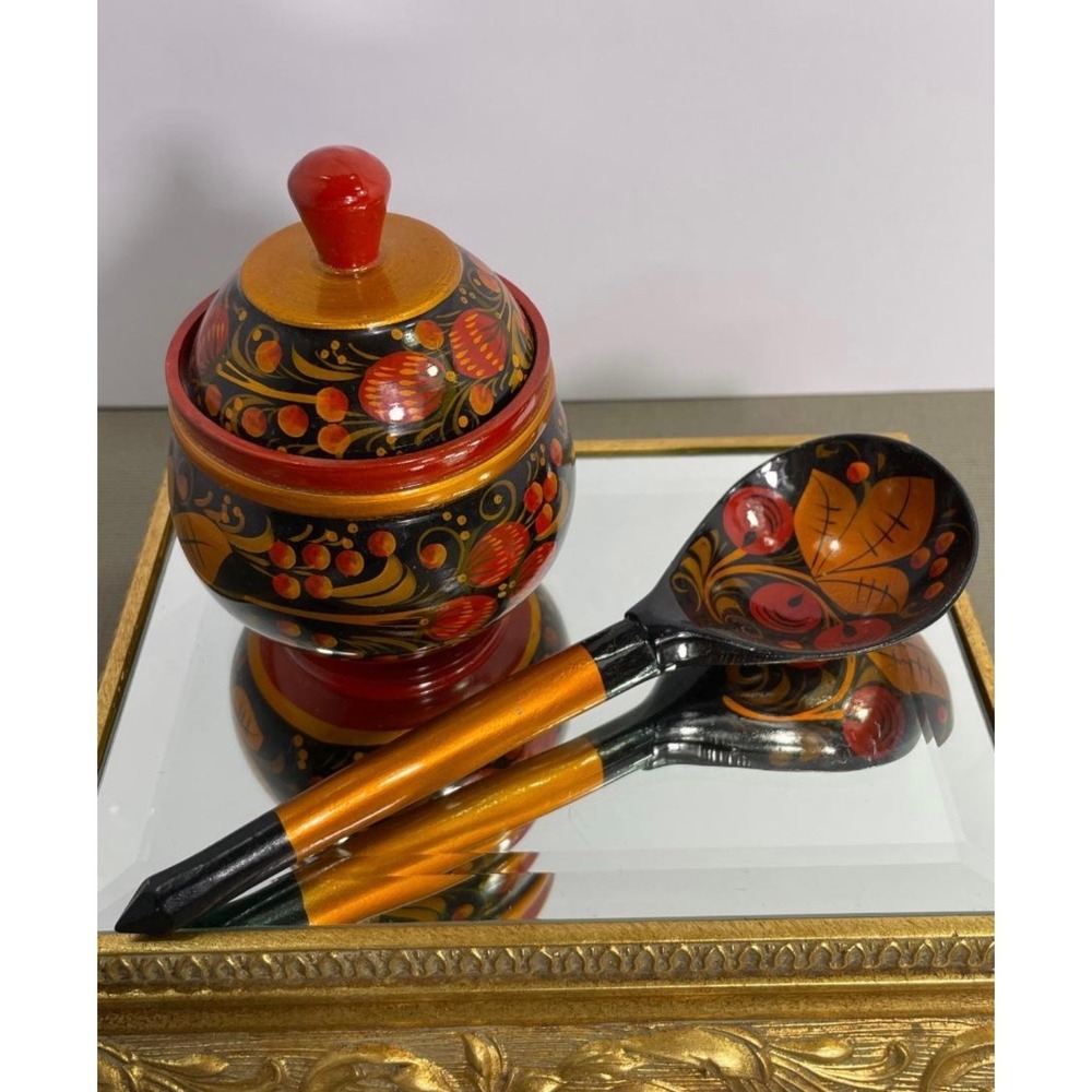 Vintage Russian‎ Khokhloma Painted Lidded Bowl with Spoons Floral Folk Art Set